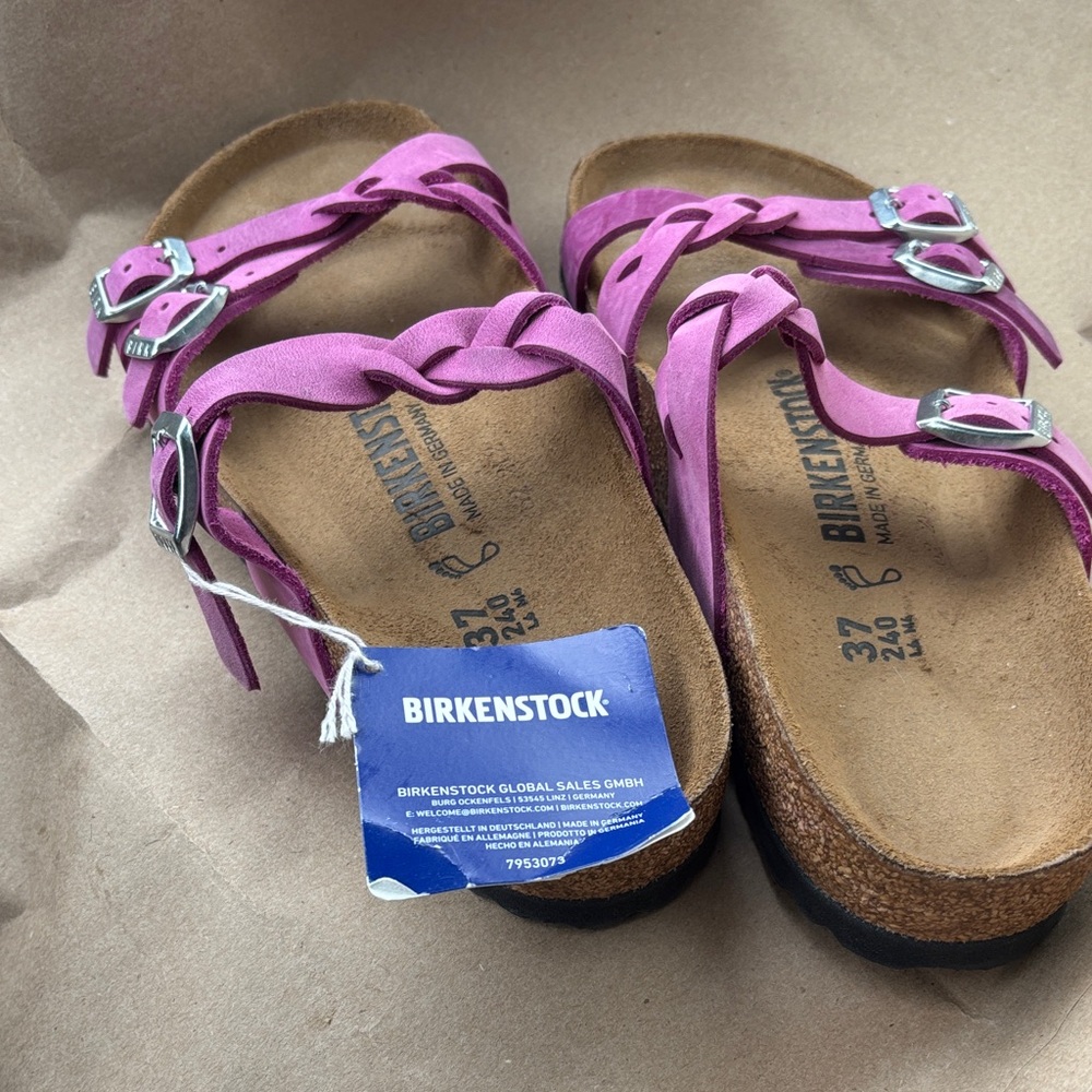 Birkenstock Pink Braided Sandals with Silver Buckles